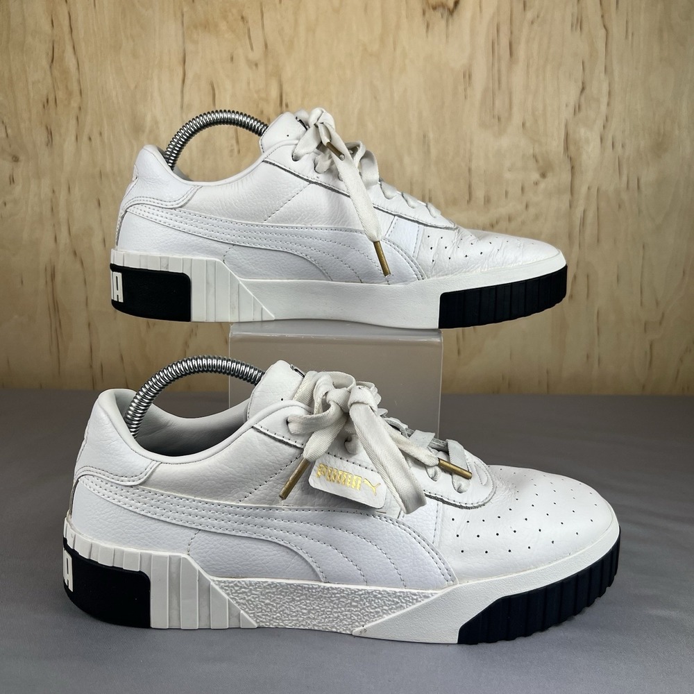 PUMA Cali Womens Size US 10.5 White Black Leather Sneakers Gold Accent Shoes